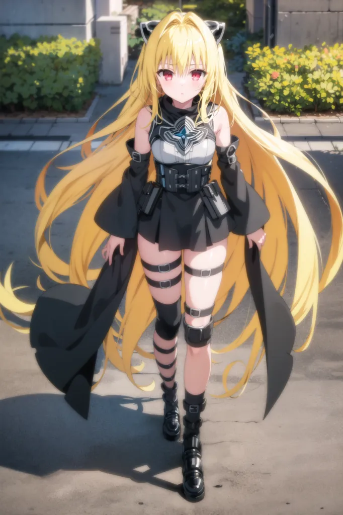 A imagem é uma ilustração em estilo anime de uma jovem mulher com longos e fluidos cabelos amarelos. Ela está usando um traje preto e branco com um corpete, uma saia e botas até a coxa. Ela também tem um par de orelhas de gato pretas na cabeça e um grande e ornamentado colar de cruz em torno do pescoço. A mulher está em pé em uma rua da cidade, cercada por altos edifícios. Ela tem uma expressão confiante no rosto e está olhando diretamente para o espectador.