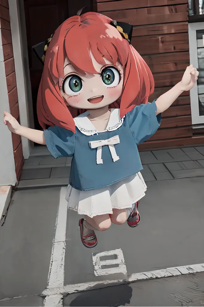 This image shows an anime-style illustration of a young girl. She has red hair and green eyes, and she is wearing a blue shirt, white skirt, and brown shoes. She is also wearing cat ears and a bow in her hair. She is standing in front of a wooden house, and she is smiling and jumping in the air.