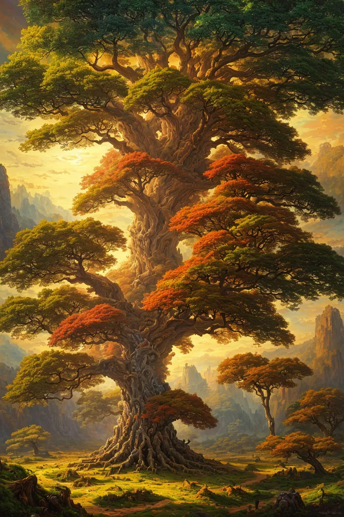 The image is a painting of a very large tree. The tree has a large, thick trunk and many branches. The leaves on the tree are green and yellow-orange. The tree is in a forest and there are mountains in the background. There is a blue sky with white clouds behind the tree.