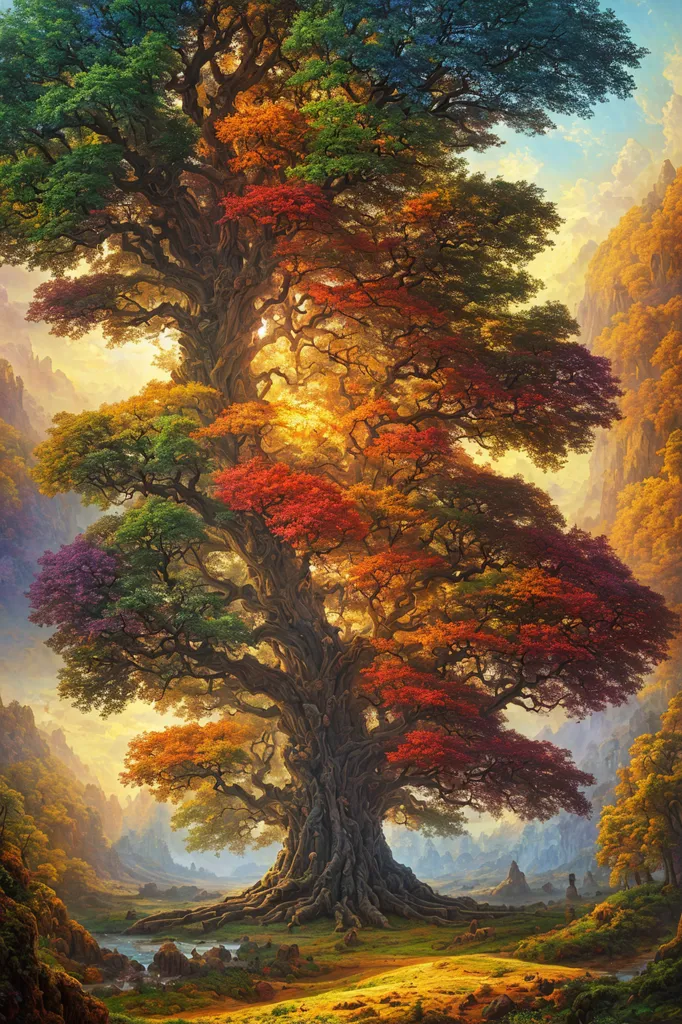 L'image est une peinture d'un très grand arbre. L'arbre a des feuilles de nombreuses couleurs différentes, notamment du vert, du jaune, de l'orange, du rouge, du violet, du rose et du bleu. L'arbre est si grand qu'il occupe la majeure partie de la peinture. Il y a une petite rivière au premier plan de la peinture et des montagnes à l'arrière-plan. La peinture est réalisée dans un style réaliste et les couleurs sont très vives.