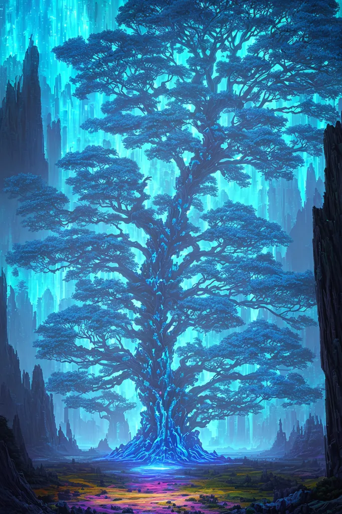 The image is a digital painting of a blue tree with a large canopy. The tree is surrounded by blue rocks and there is a blue waterfall in the background. The tree is glowing and there is a bright light coming from the top of the tree. The image is very detailed and the colors are vibrant.