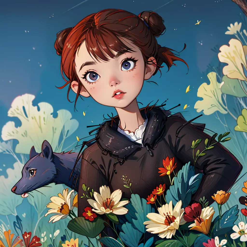 The image is of a girl with brown hair and blue eyes. She is wearing a black jacket and has her hair in two buns. She is standing in a field of flowers and there is a wolf next to her. The girl is looking at the wolf with a smile on her face. The wolf is looking at the girl with a curious expression. The background is a blue sky with white clouds.