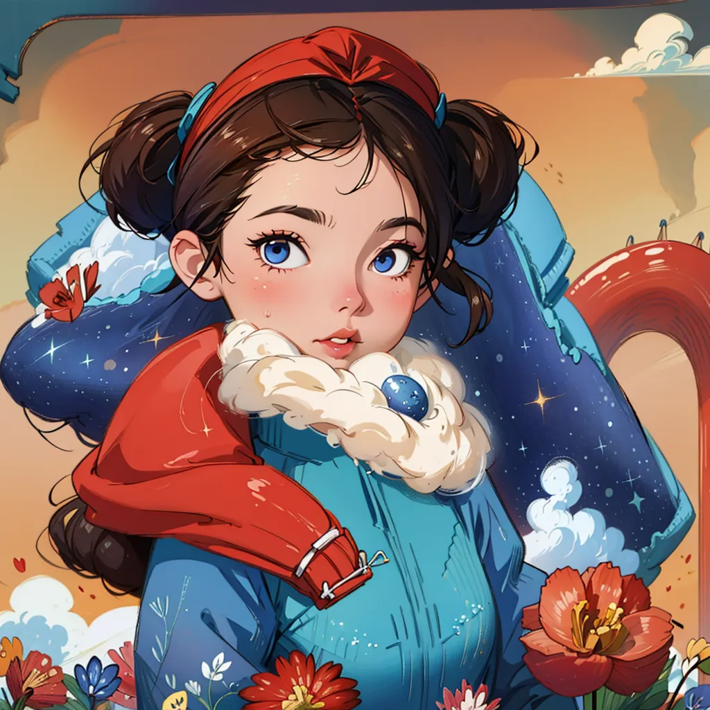 La imagen es una pintura de una niña joven con cabello castaño y ojos azules. Ella está usando un abrigo de invierno rojo y azul con un cuello de piel. La niña está de pie frente a un fondo blanco con un dragón rojo. El dragón está sonriendo y tiene su pata sobre el hombro de la niña. La niña también le está sonriendo al dragón. También hay algunas flores en el fondo.