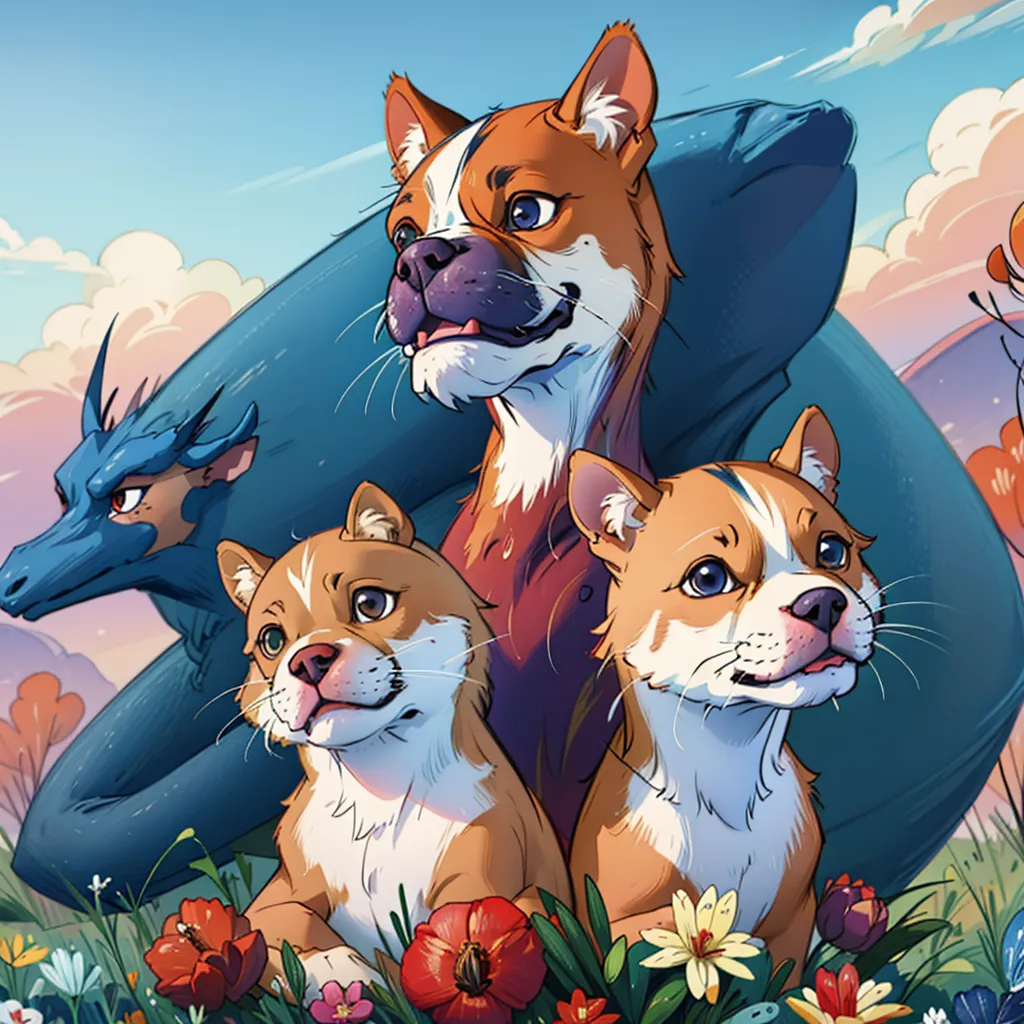 The image shows a group of animals in a field of flowers. There are two dogs and a dragon. The dogs are both Shiba Inus, one adult and one puppy. The adult dog is brown and white, and the puppy is orange and white. The dragon is blue and has a long, serpentine body. It is wrapped around the two dogs. The animals are all standing in a field of flowers. The flowers are mostly red, orange, and yellow. There are also some green leaves. The background of the image is a blue sky with some white clouds.