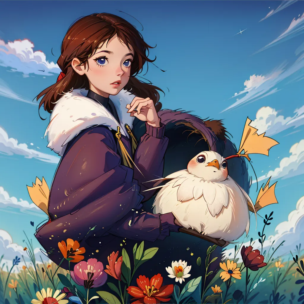 This image is of a girl with brown hair and blue eyes. She is wearing a purple jacket with a white fur collar. She is standing in a field of flowers with a large white bird perched on her arm. The bird has a yellow crest on its head and a long tail. The girl is smiling at the bird. The background is a blue sky with white clouds.