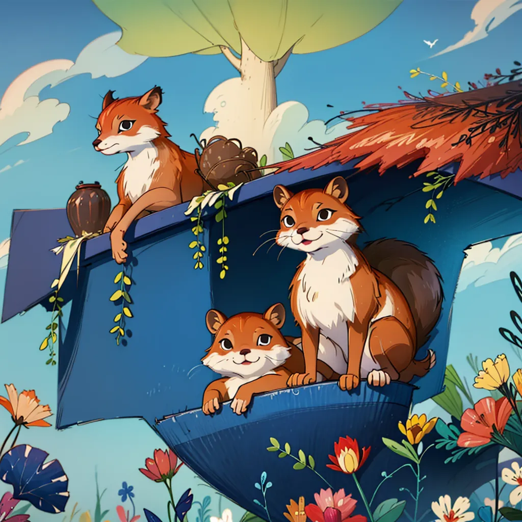 The image is a cartoon illustration of three foxes in a blue and brown house. The foxes are all orange and white, with big ears and bushy tails. The house is made of wood and has a thatched roof. The foxes are sitting on the roof and looking out at the view. There are flowers and plants growing around the house, and a large tree in the background. The sky is blue and there are some clouds in the sky.