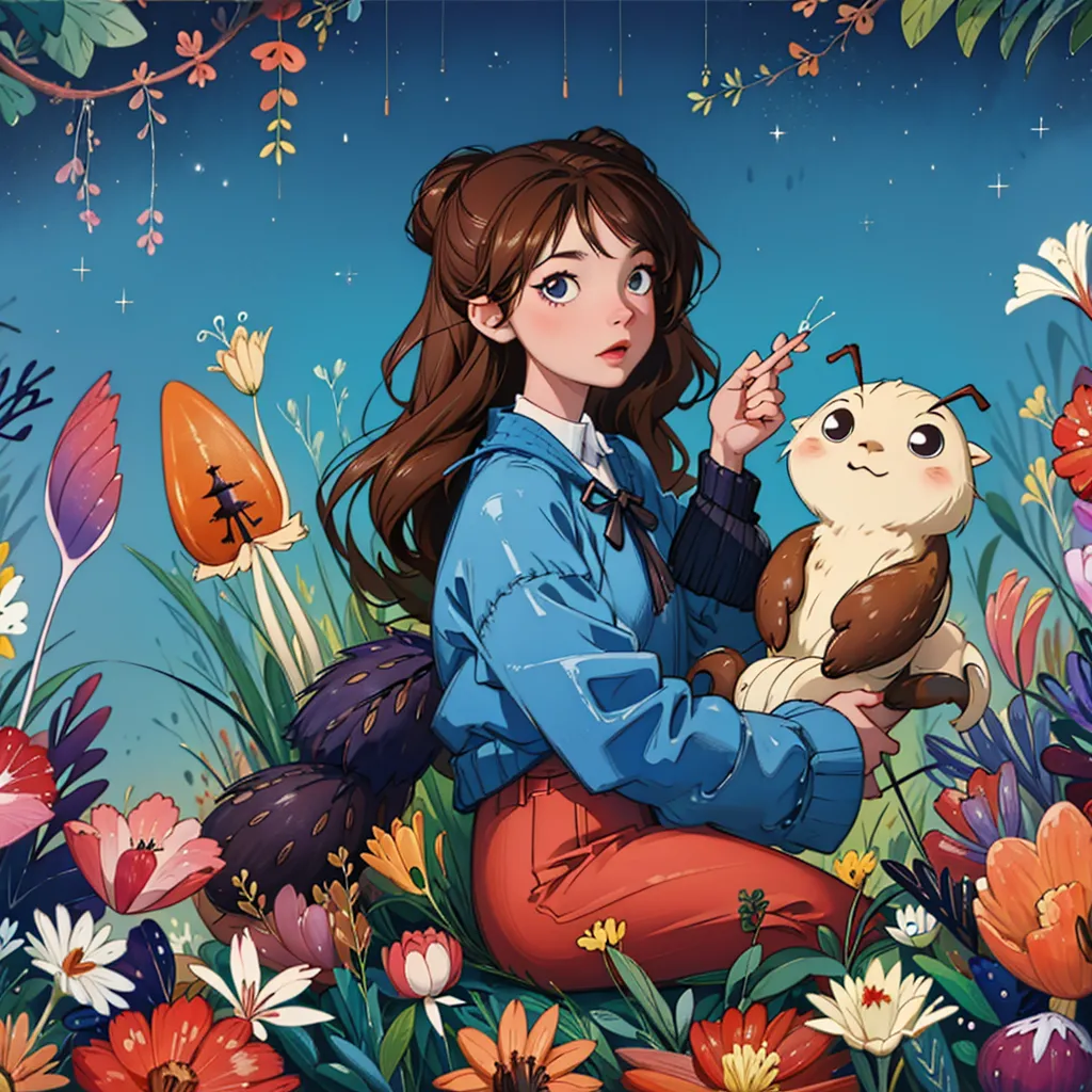 This image is of a girl with brown hair and blue eyes. She is wearing a blue jacket and red pants. She is sitting in a field of flowers and holding a small brown creature in her hands. The creature has big eyes and a long tail. The girl is smiling and looking at the creature. There are many different types of flowers in the field, and they are all in bloom. The sky is blue and there are some stars in the sky.