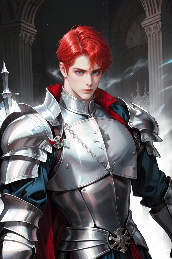 This is an image of a young man with red hair and blue eyes. He is wearing a suit of silver armor and a red cape. He has a sword in his right hand and a shield in his left hand. He is standing in a dark room with stone columns in the background.