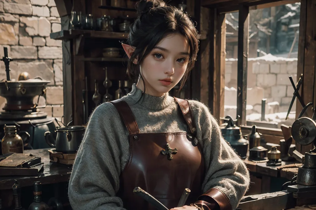 The image is of a beautiful young woman with long brown hair and pointed ears. She is wearing a gray sweater and a brown leather apron. She is standing in a workshop, surrounded by tools and supplies. The woman is holding a knife and looking at the camera with a serious expression.