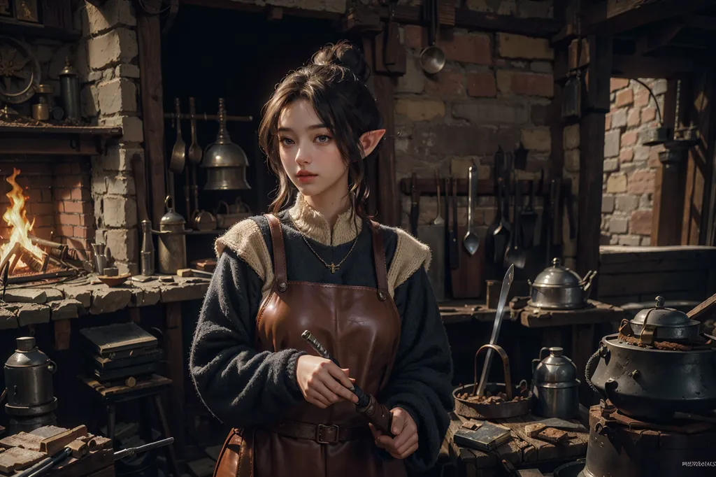 L'image représente une jeune femme debout dans une forge. Elle porte un tablier en cuir par-dessus une chemise grise et a les cheveux attachés en chignon. Elle regarde la caméra avec une expression sérieuse. Il y a une cheminée derrière elle et divers outils et objets suspendus aux murs.