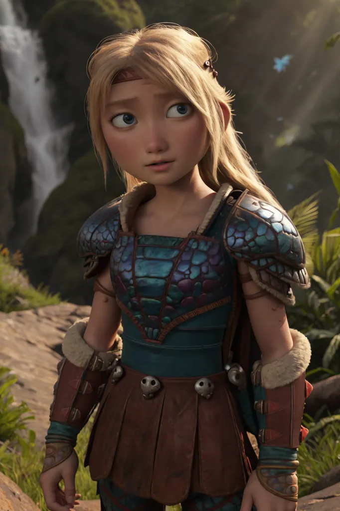 The image shows a young woman with long blond hair. She is wearing a blue and green vest with fur shoulder pads and a brown skirt. She also has brown boots and a belt with a pouch on it. She is standing in a forest, looking at something with wide eyes.