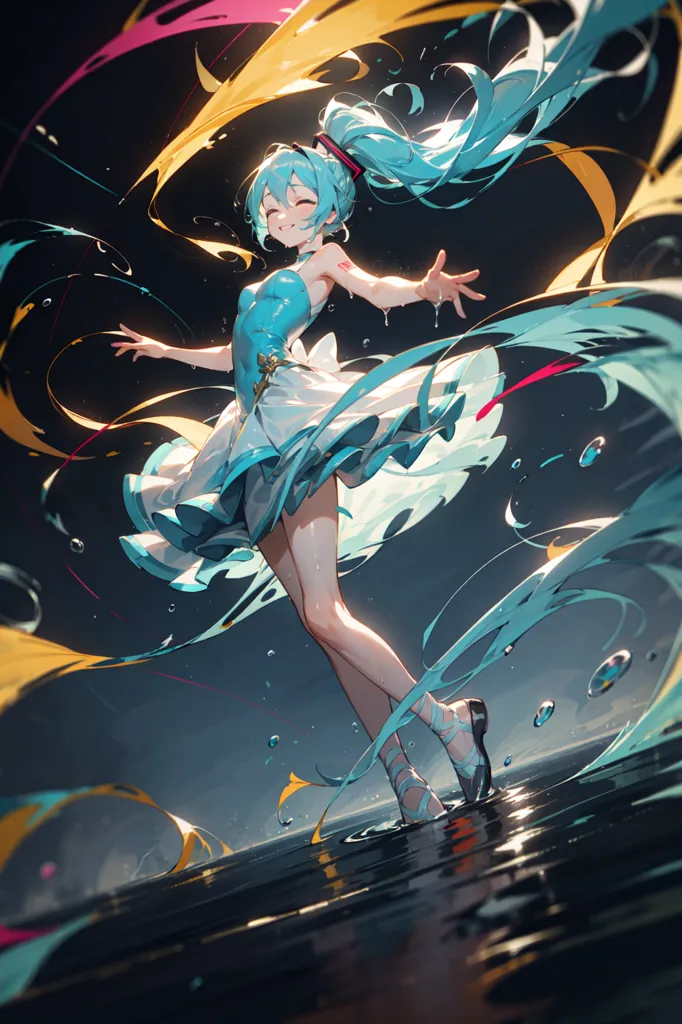 This is an image of a young woman with long blue hair. She is wearing a blue and white dress and is standing on a stage with a dark background. She is surrounded by colorful lights and is smiling. She has her arms outstretched and looks like she is dancing.