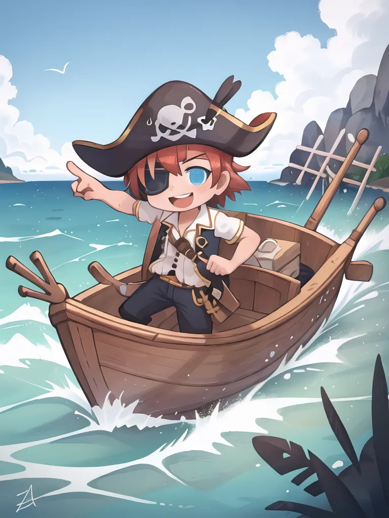 L'image représente un garçon pirate de style chibi. Il porte un chapeau de pirate, un cache-œil et une chemise blanche avec un gilet marron. Il se tient debout dans un petit bateau, qui est manœuvré par un squelette. Le garçon pointe devant lui, et il y a une grande île à l'arrière-plan. La mer est agitée, et le bateau est ballotté par les vagues.