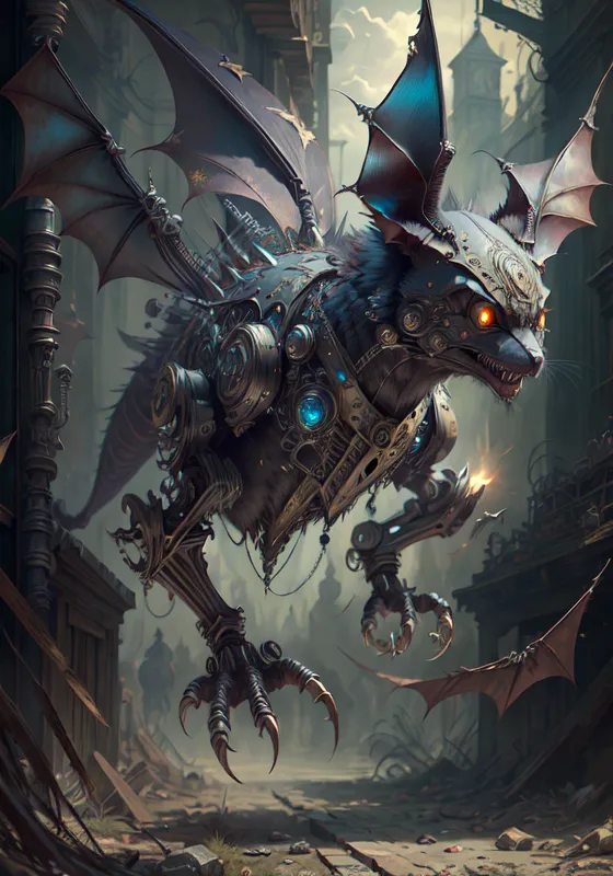 The image is a steampunk cat. It has black fur, blue eyes and wings. It is wearing a metal harness and has a gear on its chest. It is standing on a pile of scrap metal. The background is a city in ruins.