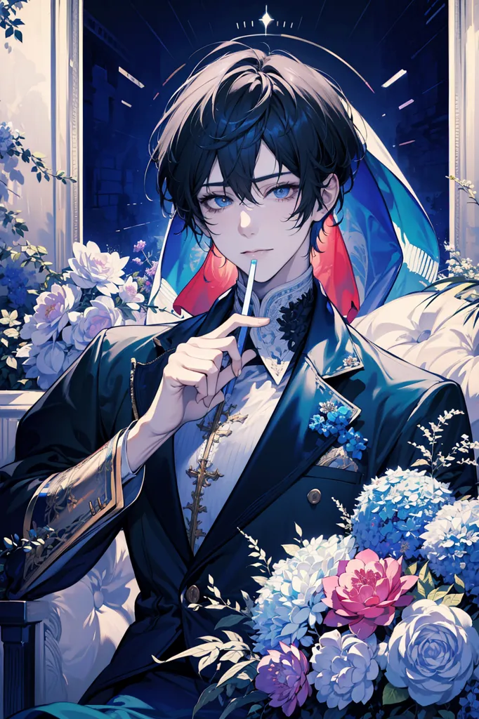 The image is of a young man with short black hair and blue eyes. He is wearing a black suit with a white rose on the lapel. He is sitting in a chair with one hand on his chin and the other holding a pen. There are flowers all around him. The background is a dark blue with a white marble floor.