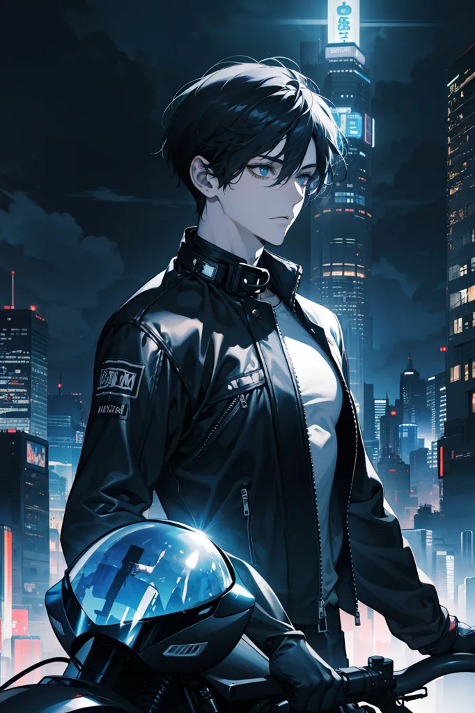 The image is of a young man standing in front of a futuristic city. He is wearing a black leather jacket and has a black motorcycle helmet in his hand. The city is in the background and is lit up by neon lights. The man is looking at the camera with a serious expression on his face.