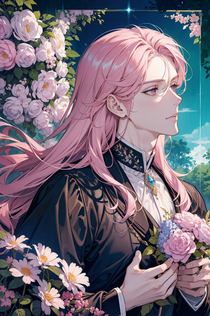 The image is of a beautiful young man with pink hair and purple eyes. He is wearing a black suit with a white rose boutonniere. He is standing in a garden of white and pink roses. The background is a blue sky with white clouds. The man is looking to the right of the frame. He has a serene expression on his face.