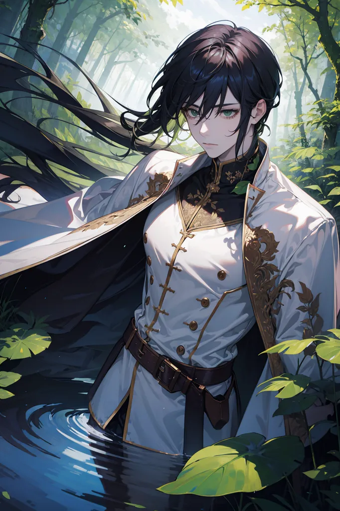 The image is of a person with long black hair and green eyes. They are wearing a white and gold military-style outfit with a black belt and a white cape. They are standing in a forest, with water up to their shins. The person is looking to the right of the frame, with a serious expression on their face.