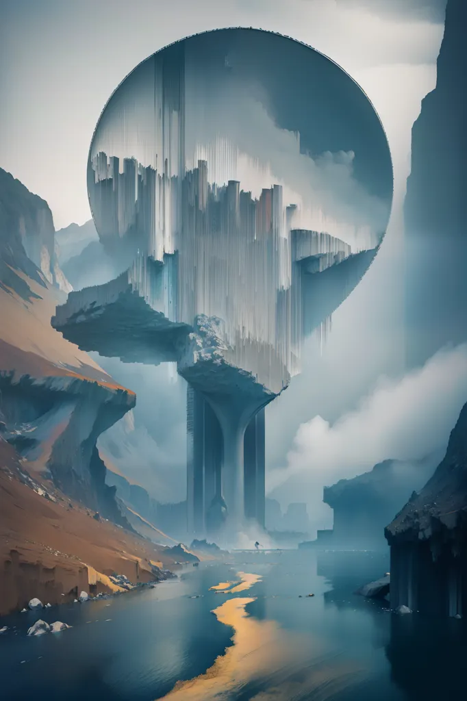 The image is a digital painting of a science fiction landscape. The painting depicts a large, metallic sphere hovering above a river that flows through a canyon. The sphere is surrounded by tall, rocky cliffs. The painting is done in a realistic style, and the artist has used a variety of techniques to create a sense of depth and atmosphere. The painting is full of mystery and wonder, and it invites viewers to imagine what might happen next.