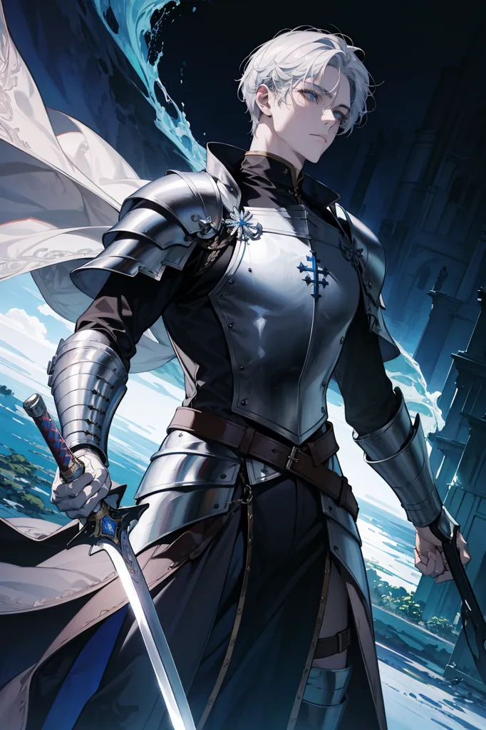 The image is of a young man with white hair and blue eyes. He is wearing a suit of silver armor and a white cape. He is also wearing a sword and a dagger. He is standing in a dark place with a blue light in the background.