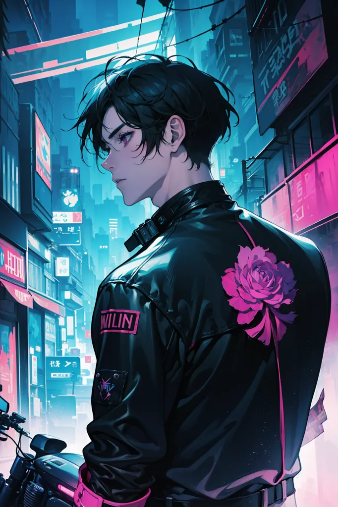 The image is of a young man with black hair and purple eyes. He is wearing a black leather jacket with a pink rose on the lapel. He is also wearing a black shirt and black pants. He is standing in a dark alleyway with a motorcycle parked behind him. The background is a city at night with neon lights and skyscrapers. The man is looking to the side with a serious expression on his face.