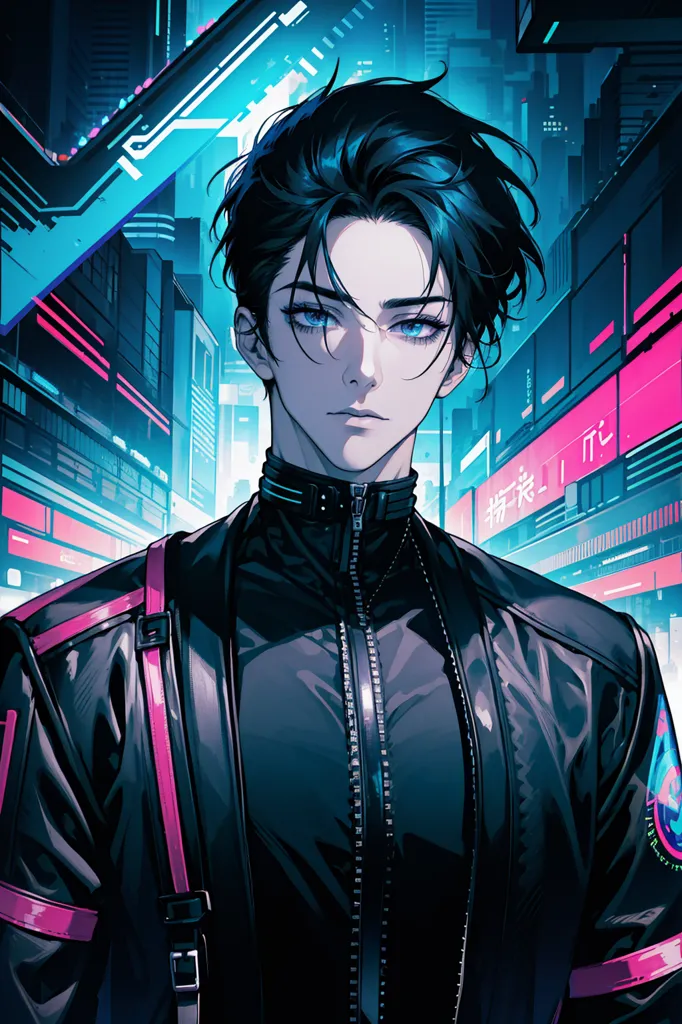 The image is of a young man standing in a futuristic city. He is wearing a black leather jacket with pink highlights and a white shirt. He has blue eyes and black hair. The city is full of tall buildings and bright lights. The man is looking at the camera with a serious expression.