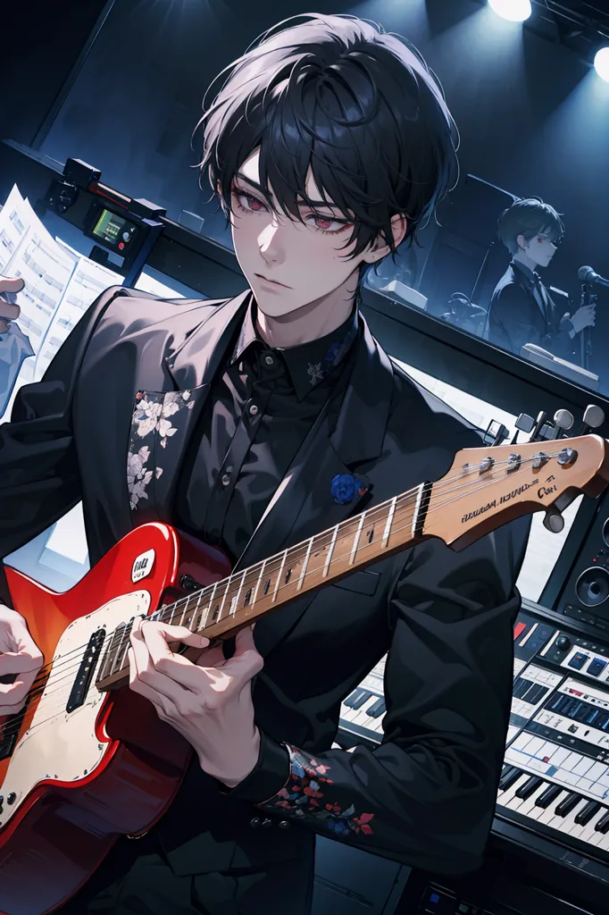 This is an image of a young man with black hair and red eyes. He is wearing a black suit jacket with a white dress shirt and black pants. He is playing a red electric guitar. He is standing in front of a microphone. There is a keyboard and a drum set behind him. There are also several spotlights on him. He is looking at the camera with a serious expression.