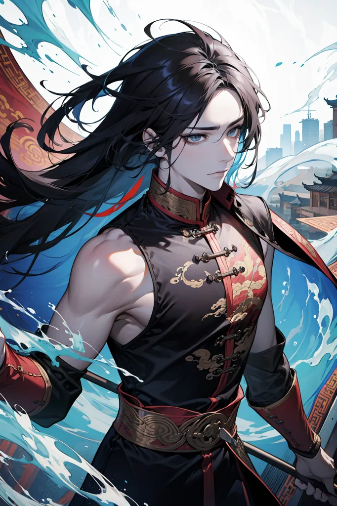 The image is of a young man with long black hair and blue eyes. He is wearing a black and red sleeveless outfit with gold trim. He is also wearing a red cape. He is standing in a city with a river running through it. There are buildings on both sides of the river. The man is holding a sword in his right hand. He has a determined look on his face.