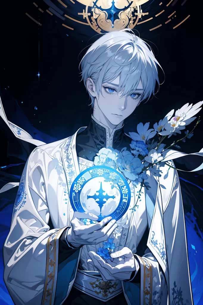 The image is of a beautiful young man with white hair and blue eyes. He is wearing a white and blue outfit and has a flower in his hand. He is standing in front of a dark blue background with a glowing white circle in the center. The man's expression is soft and serene.