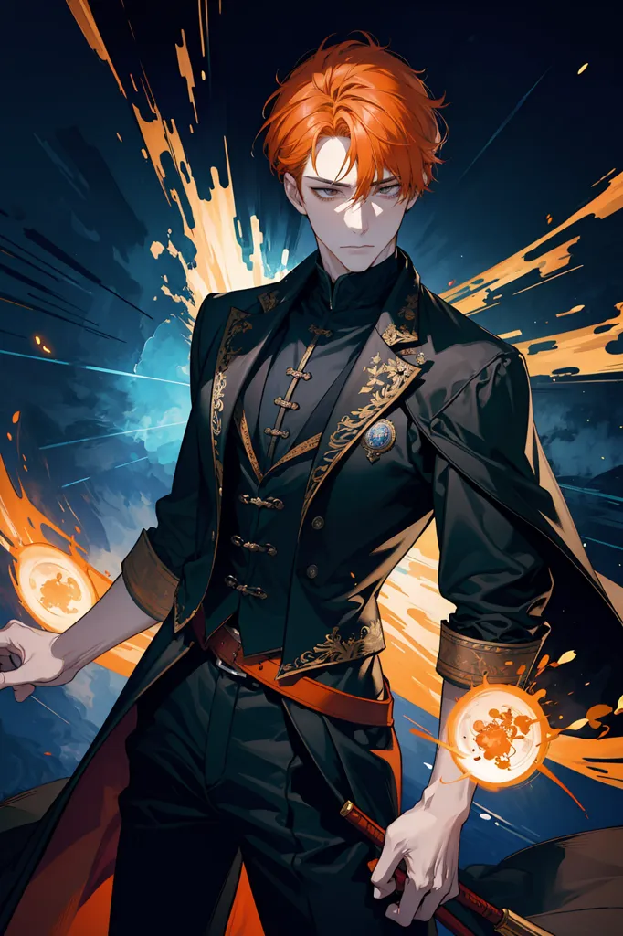 This is an image of a man with orange hair and red eyes. He appears to be of Asian descent. He is wearing a black suit with gold trim and a red sash. He is also wearing a white glove on his left hand. He is standing in a dark blue void with a bright light in the background. He has a serious expression on his face.