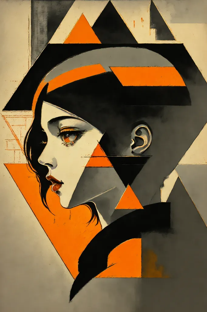 The image is a portrait of a woman with short black hair and red lips. She is depicted in a cubism style with geometric shapes in orange and black surrounding her head. The background is a light gray color.