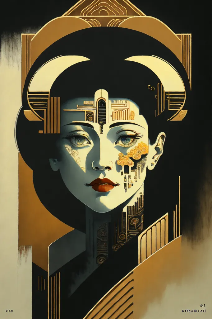 The image is a portrait of a woman with dark hair and red lips. She is wearing a black and gold kimono with a high collar. Her face is partially covered by a golden mask with horns. The background is dark with a geometric pattern. The image is in an Art Deco style.