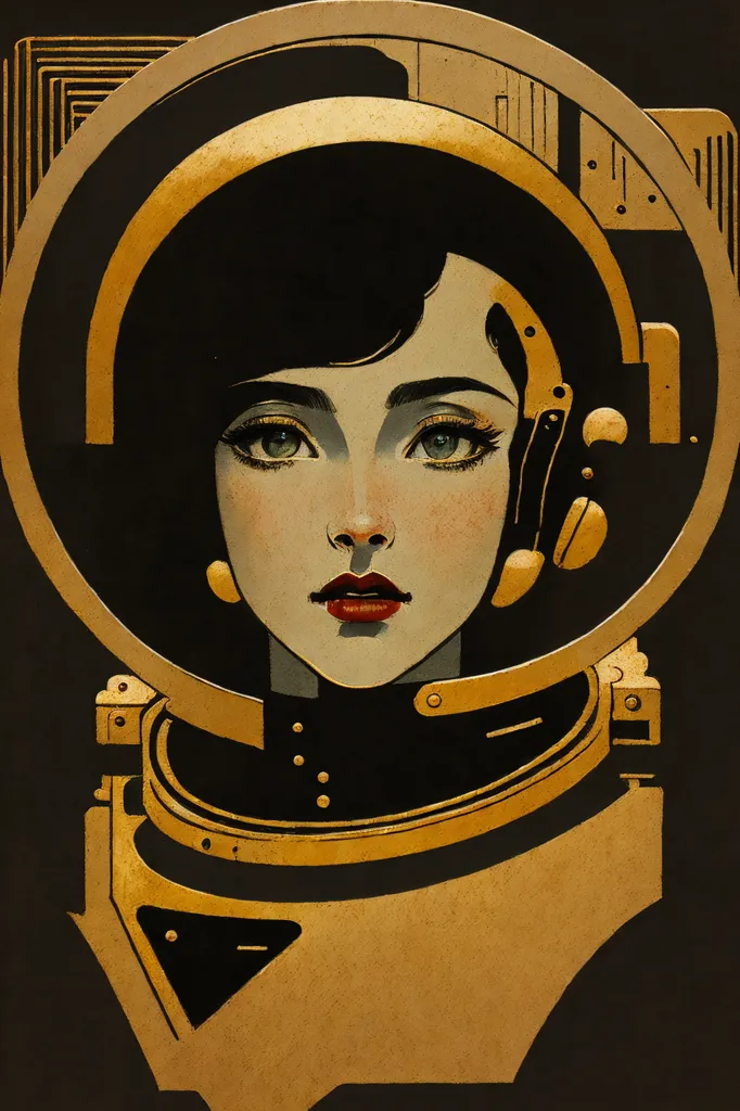 The picture shows a woman wearing a golden space helmet with a clear glass visor. The helmet is decorated with rivets and has a communication device on the right side. The woman has short black hair and red lipstick. She is looking at the viewer with a serious expression. The background is black with a subtle pattern of concentric circles.