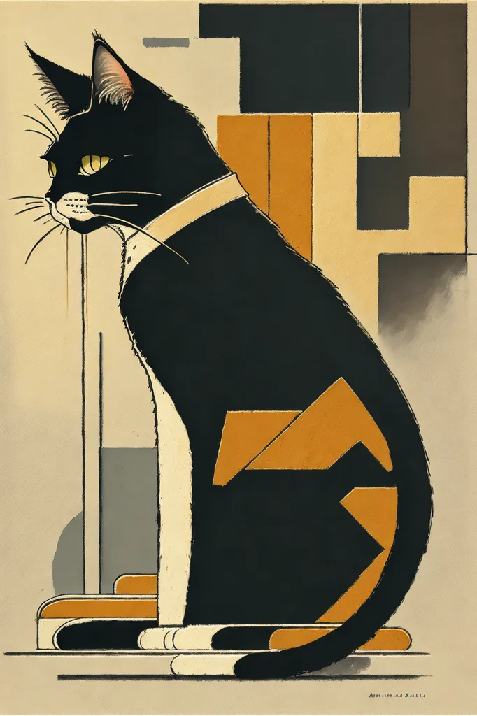 L'image est une peinture d'un chat noir avec un smoking blanc. Le chat est assis devant un fond géométrique dans un style Art Déco. Le chat a une expression sérieuse sur son visage et regarde le spectateur. La peinture est réalisée dans un style réaliste et les couleurs sont atténuées.