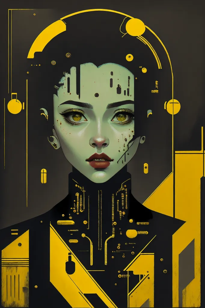 The image is a portrait of a woman with green skin and black hair. She is wearing a black suit with yellow stripes and has a yellow circle in the center of her forehead. She has yellow eyes and her lips are slightly parted. There are yellow geometric shapes around her head and shoulders. The background is dark gray.