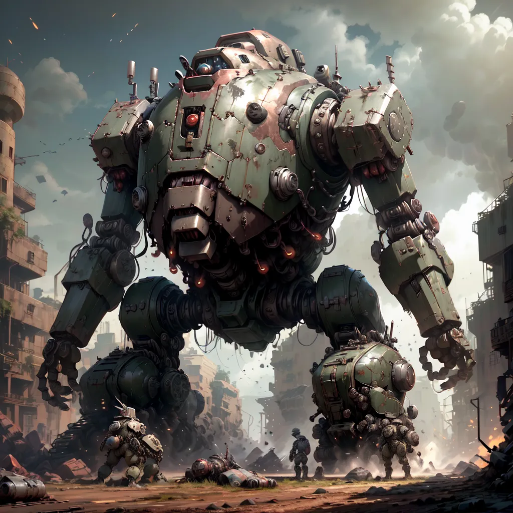 The image shows a giant green mech standing in a ruined city. The mech is surrounded by smoke and debris, and there are several smaller mechs and human soldiers fighting in the background. The giant mech is heavily damaged, and it looks like it is about to be defeated. The image is full of action and detail, and it is clear that the battle is taking place in a war-torn world.