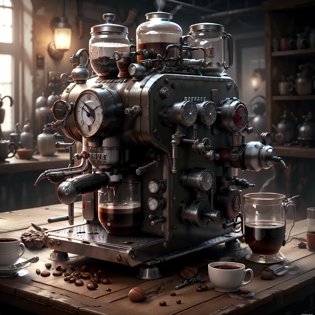 The image shows a steampunk coffee machine. It is made of metal and has a lot of gears and pipes. There are three glass containers on the top of the machine. The middle container is filled with coffee beans, the left container is filled with water, and the right container is empty. There is a clock on the front of the machine. The machine is sitting on a wooden table. There are coffee cups and saucers on the table and a small pile of coffee beans.