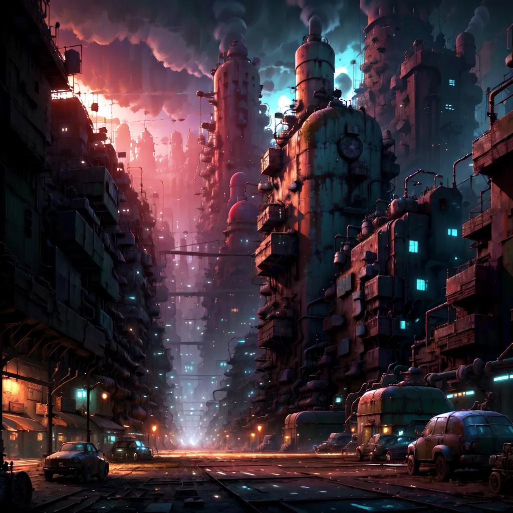 The image shows a street in a dystopian future city. The street is lined with tall, dilapidated buildings, many of which are covered in graffiti. There are a few cars parked on the street, and the street lights are on. The sky is dark and cloudy, and there is a hint of smoke in the air. The overall atmosphere of the image is one of gloom and despair.