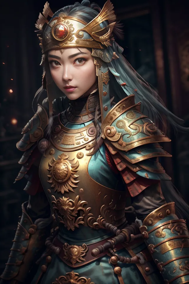 The image shows a beautiful young woman in a suit of golden armor. She has long blue hair and brown eyes, and she is wearing a golden headdress. The armor is decorated with intricate designs, and she is carrying a sword. She looks like a warrior princess, and she is ready for battle.