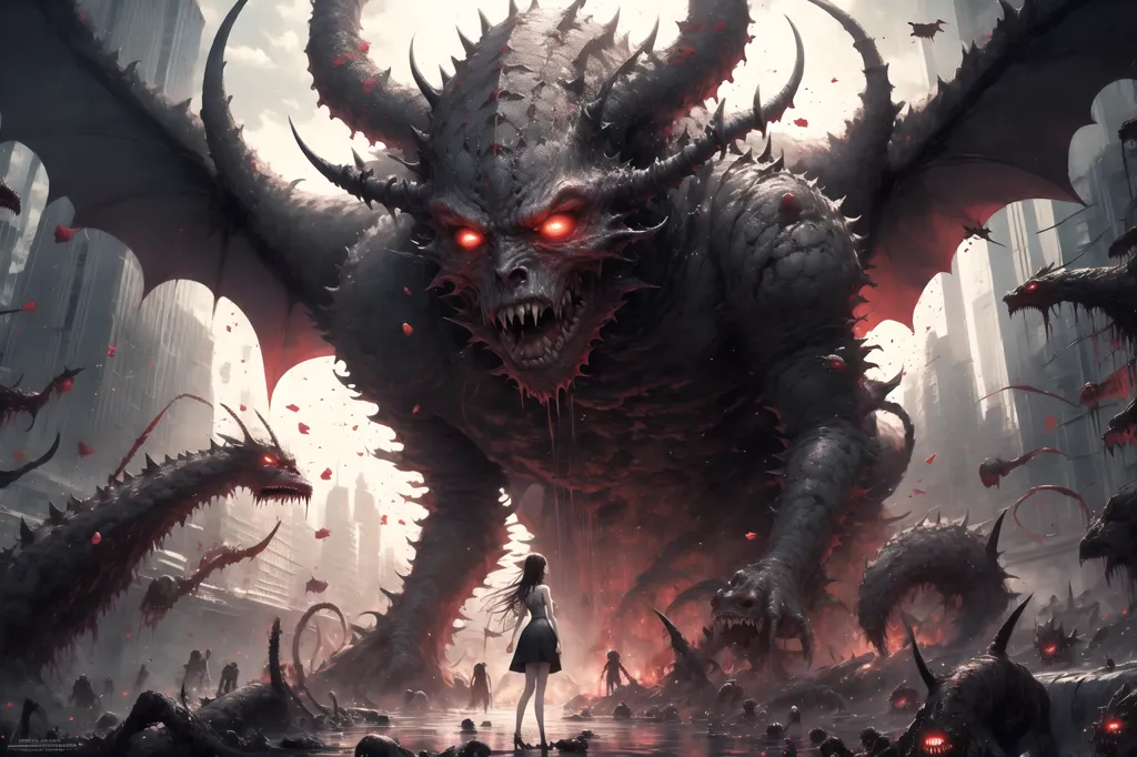 The image is a dark fantasy scene. A large, muscular demon with red eyes, black scales, and horns is standing in the middle of a ruined city. The demon is surrounded by smaller demons, all of which are also armed with horns and claws. The demon is standing over a group of humans. The humans are all cowering in fear. The demon is looking at the humans with a look of hunger in its eyes. It seems like the demon is about to attack the humans.