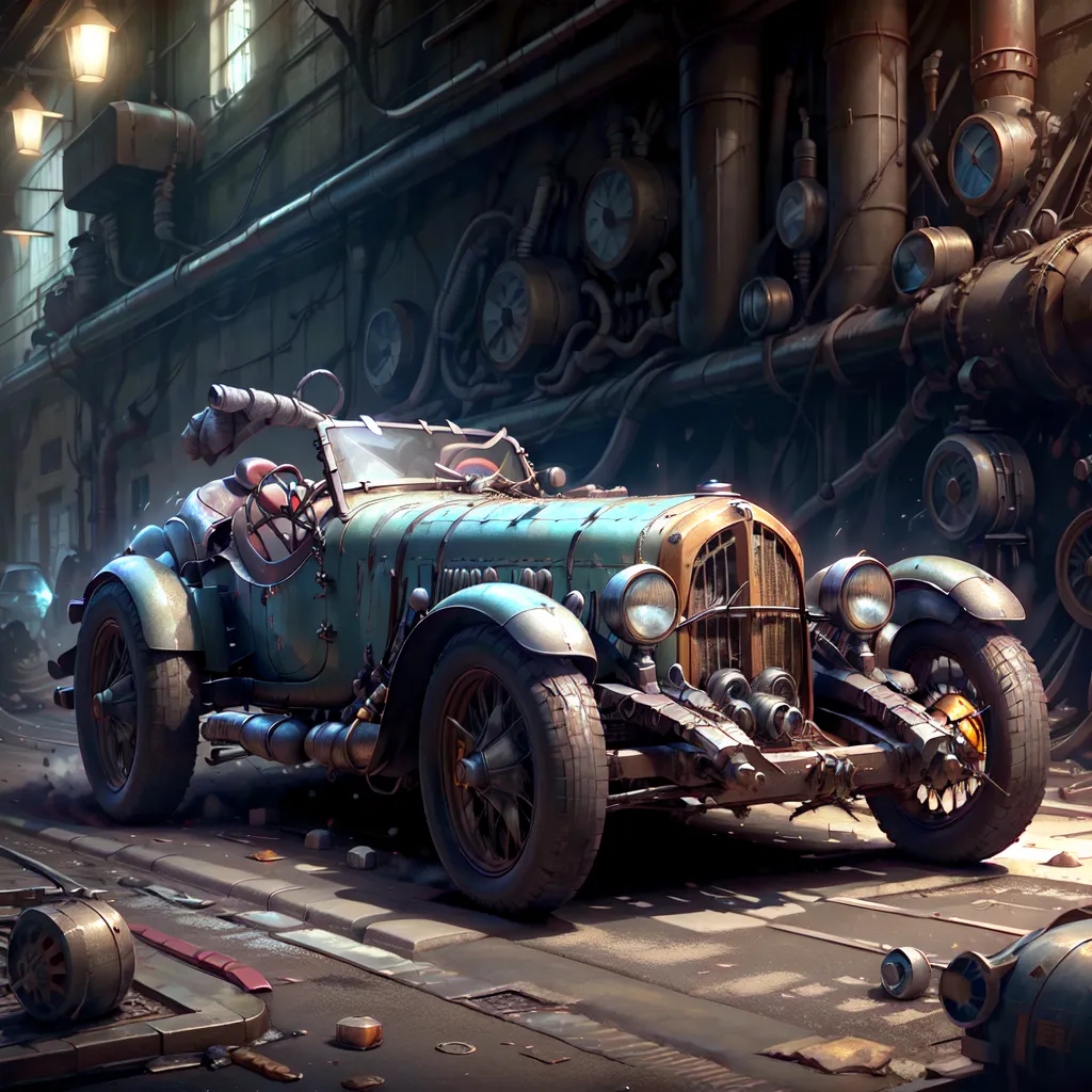 The image shows a retro futuristic car. It is parked in a dark and dirty alleyway. The car is rusty and has a few dents, but it still looks like it could be driven. There are a few other cars parked in the alleyway, as well as some trash and debris. The alleyway is lit by a few street lamps.