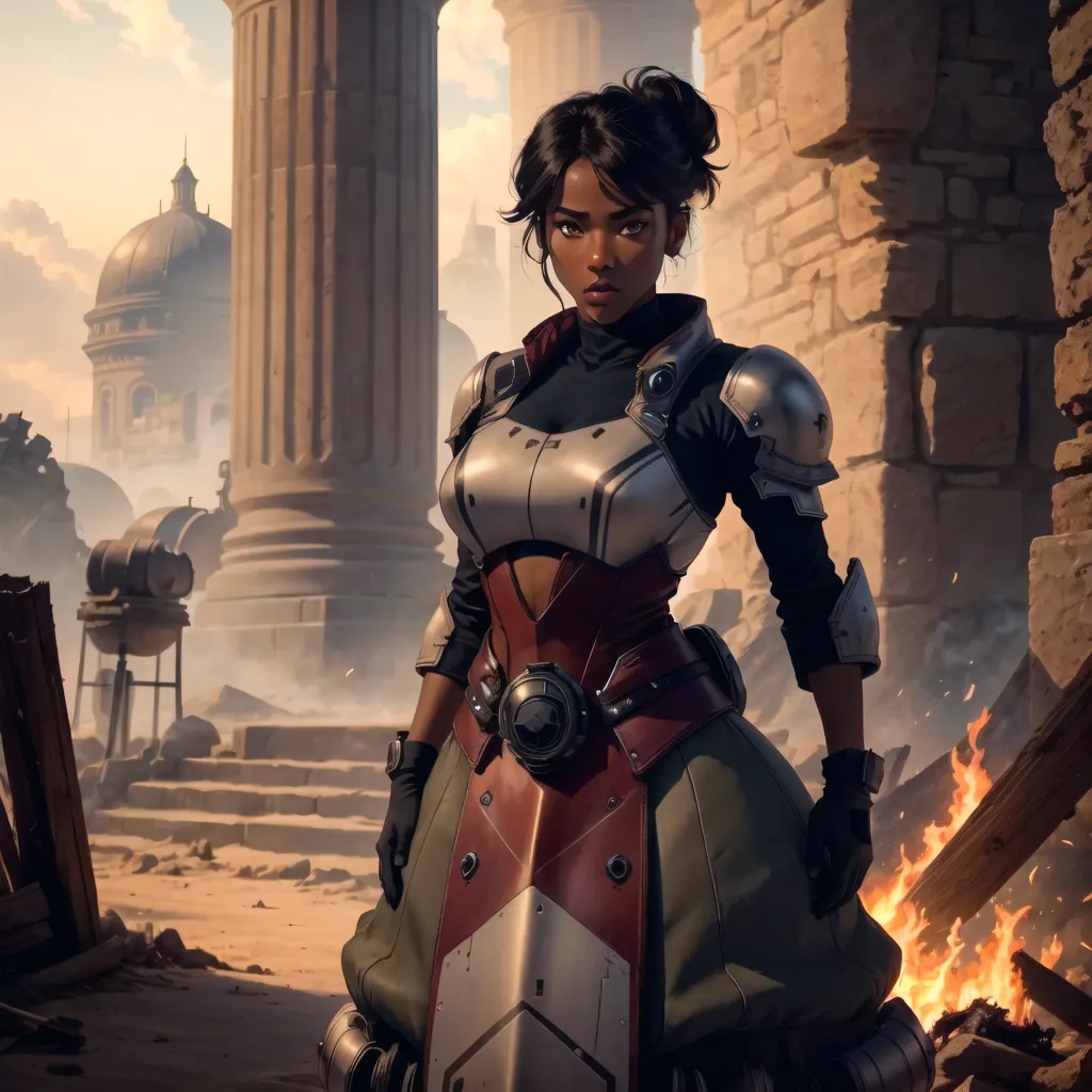 This is an image of a black woman standing in a ruined city. She is wearing a red and gray outfit and has a determined expression on her face. She is carrying a weapon of some sort on her back and looks like she is ready for a fight. The background is a ruined city with large buildings and columns. There is a fire burning on the ground to her right.