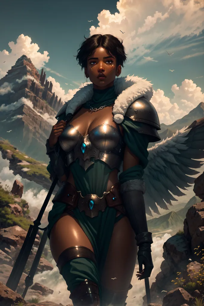 Esta é uma imagem de uma mulher de pele escura com cabelos pretos curtos. Ela está usando um traje verde e marrom com armadura de metal. Ela tem uma espada nas costas e um cajado na mão. Ela tem grandes asas brancas e está em pé em uma paisagem montanhosa.