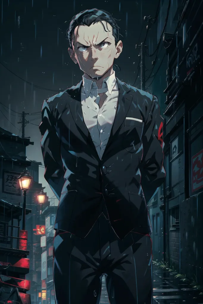 The image shows a man wearing a white dress shirt and black suit with a red armband on his left arm. He has short black hair and a stern expression on his face. He is standing in a dark alleyway with a city in the background. The street is wet from rain and the street lamps are on.