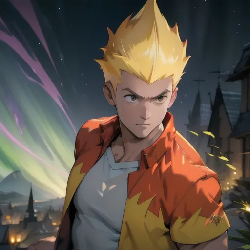 This is an image of a young man with spiky blond hair and orange eyes. He is wearing a white shirt and an unzipped orange jacket. He has a determined expression on his face, and it looks like he is about to fight someone. In the background, there is a city with a castle. The sky is dark, and there are multi-colored clouds in the sky.