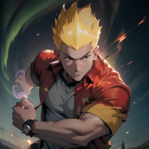 This is an image of a young man with blond hair and blue eyes. He is wearing a white shirt and a red jacket. He has a determined look on his face, and he is holding a strange device in his right hand. He appears to be in the middle of a fight, as there are explosions and debris flying around him.