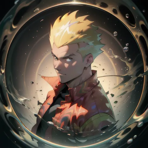 This is an image of a young man with blond hair and blue eyes. He is wearing a red and yellow jacket and a white shirt. He is standing in front of a glowing yellow background with a serious expression on his face. He is surrounded by a sphere of water.