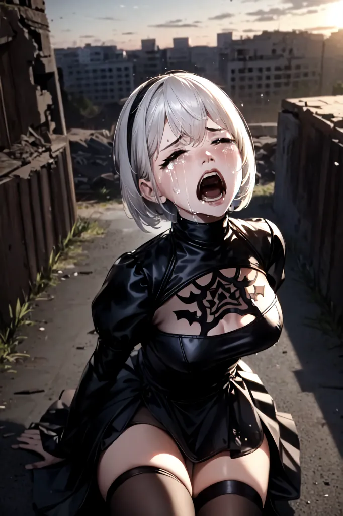 The image is a depiction of a young woman, with short white hair, dressed in a black dress. She is kneeling on the ground, with her hands on her head, and is crying with her mouth wide open. The background is a ruined city, with large buildings and debris.