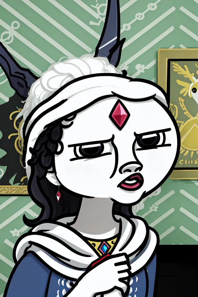 This is a cartoon of a woman with dark hair and fair skin. She is wearing a white turban and a blue dress with a white collar. She has a red jewel on her forehead and is wearing matching red earrings. She has an annoyed expression on her face and is looking to the right. She is standing in front of a green patterned background with two pictures on the wall behind her.