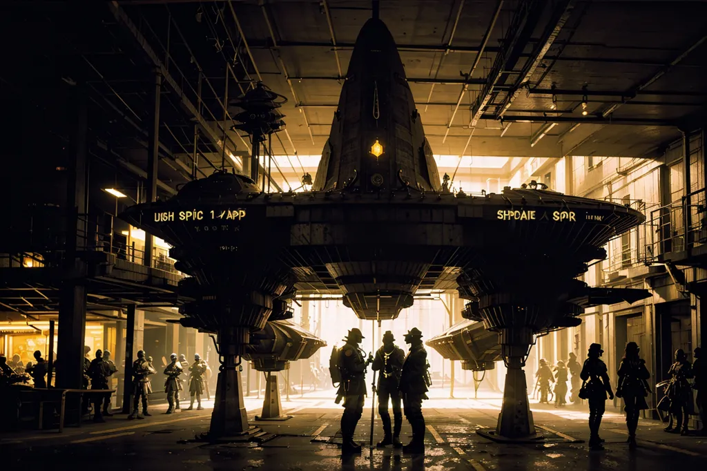 The image is a dark and dirty warehouse. There is a large spaceship in the center of the warehouse. The spaceship is being worked on by a group of people. There are also a number of people standing around the spaceship, watching the work being done. The people are all wearing protective clothing. The spaceship is large and sleek, and it looks like it is made of metal. It has a large engine on the back, and there are a number of smaller engines on the sides. The spaceship is also equipped with a number of weapons.